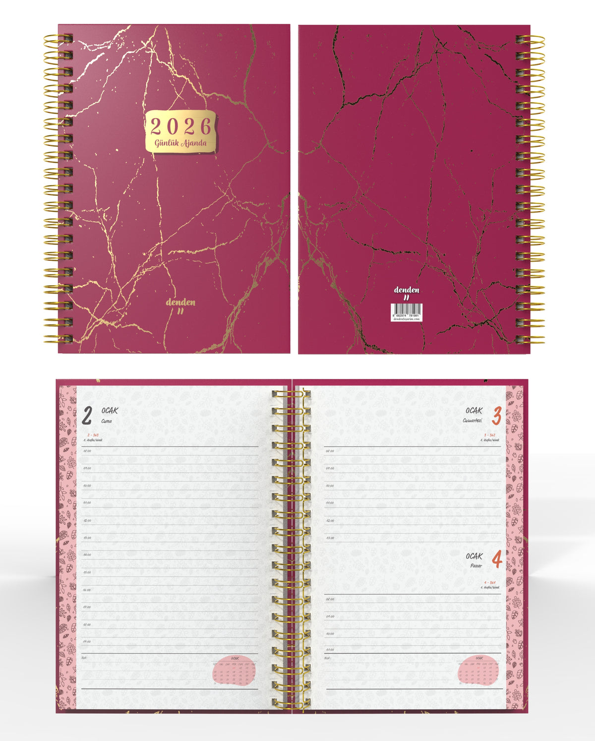 Denden Spiralli 2026 Günlük Ajanda Mermer Kırmızı - görünüm 2 / 6