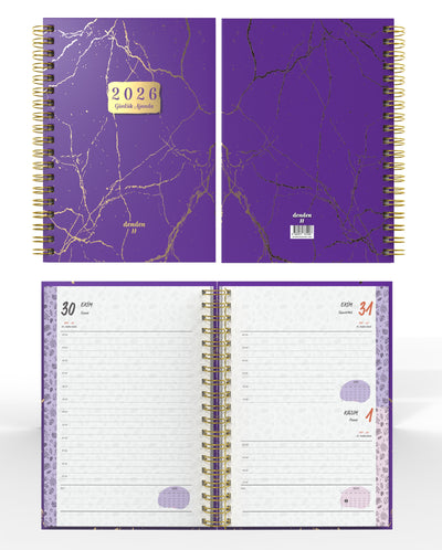 Denden Spiralli 2026 Günlük Ajanda Mermer Mor